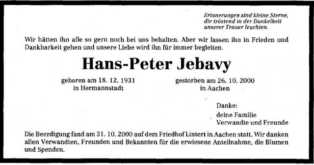 Jebavy Hans Peter 1931-2000 Todesanzeige